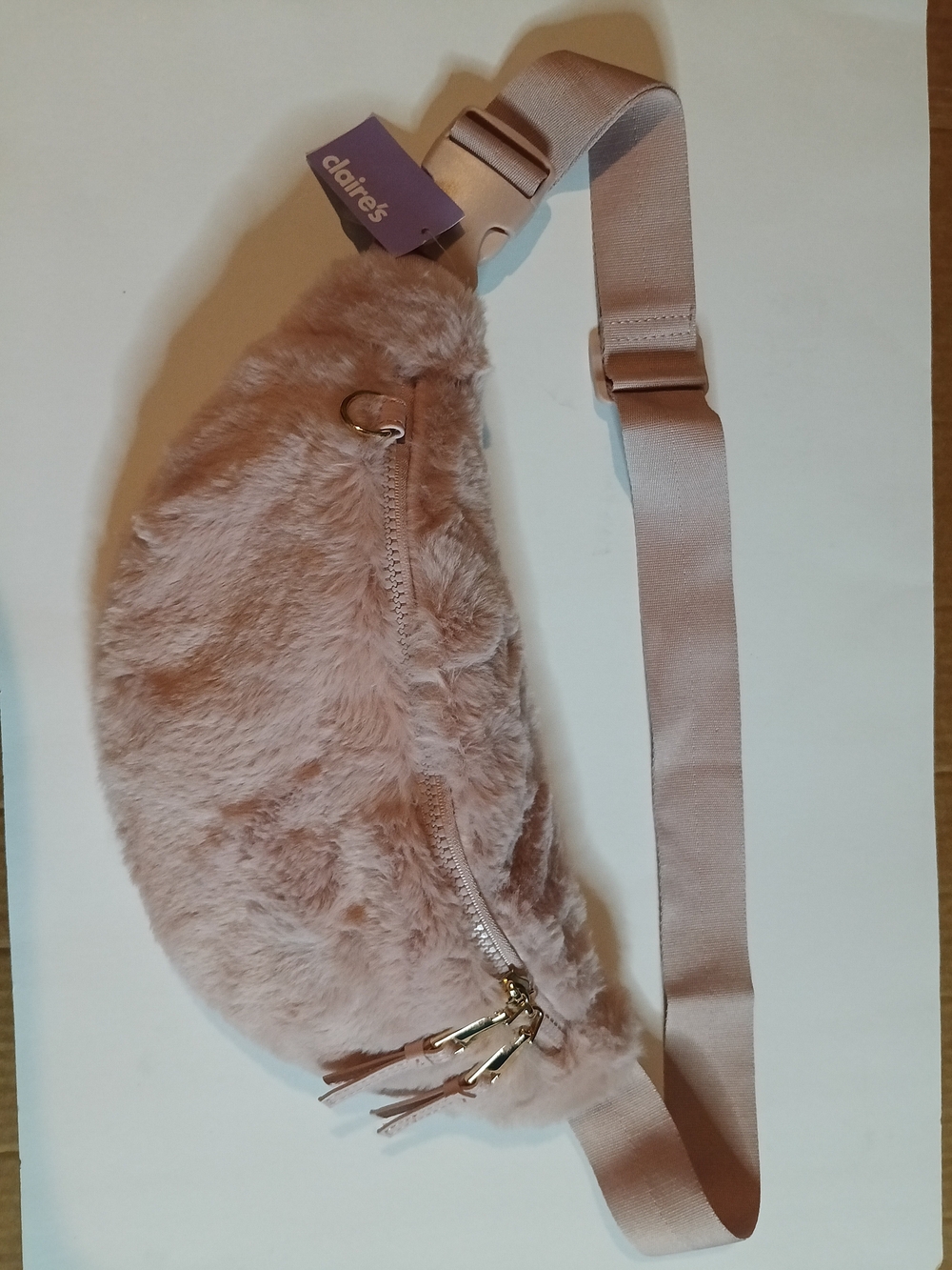 Claire's Blush Pink Faux Fur Crossbody Belt Bag